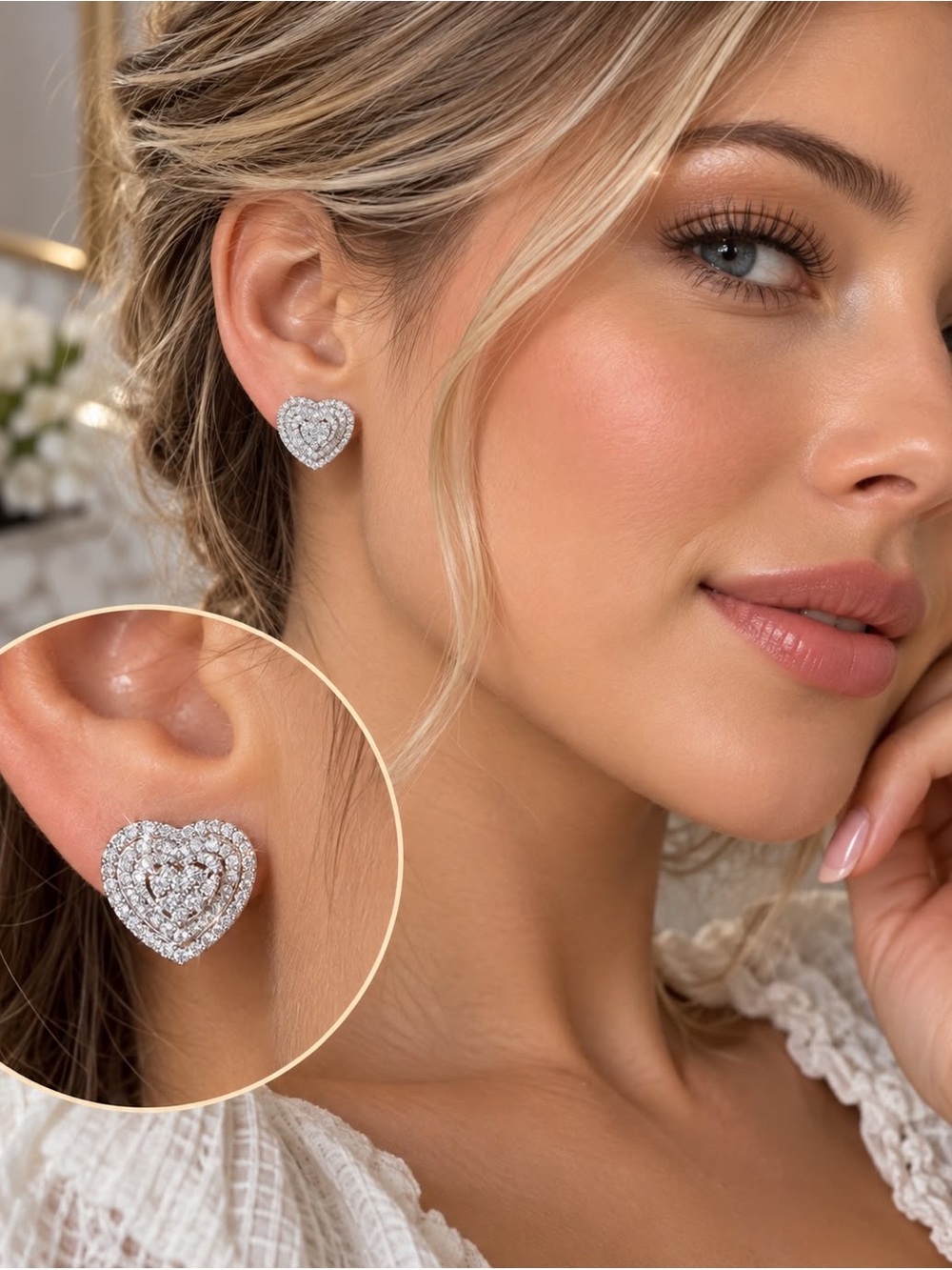 Sparkling Heart Halo Stud Earrings - Silver Tone